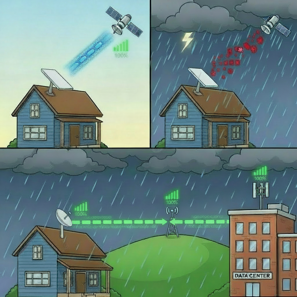 Satellite failing in bad weather vs terrestrial wireless reliability